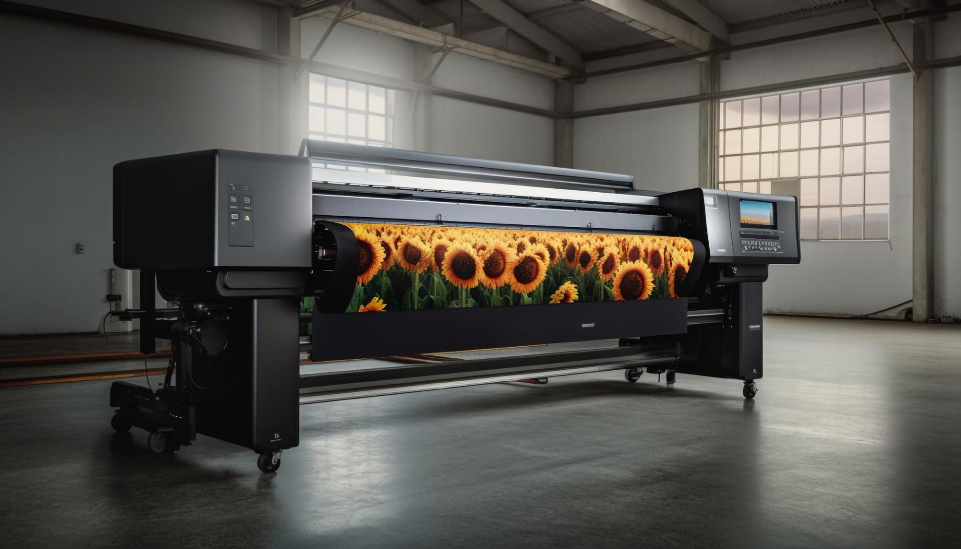 Impresora de gran tamaño donde podemos ver un diseño de un campo de girasoles